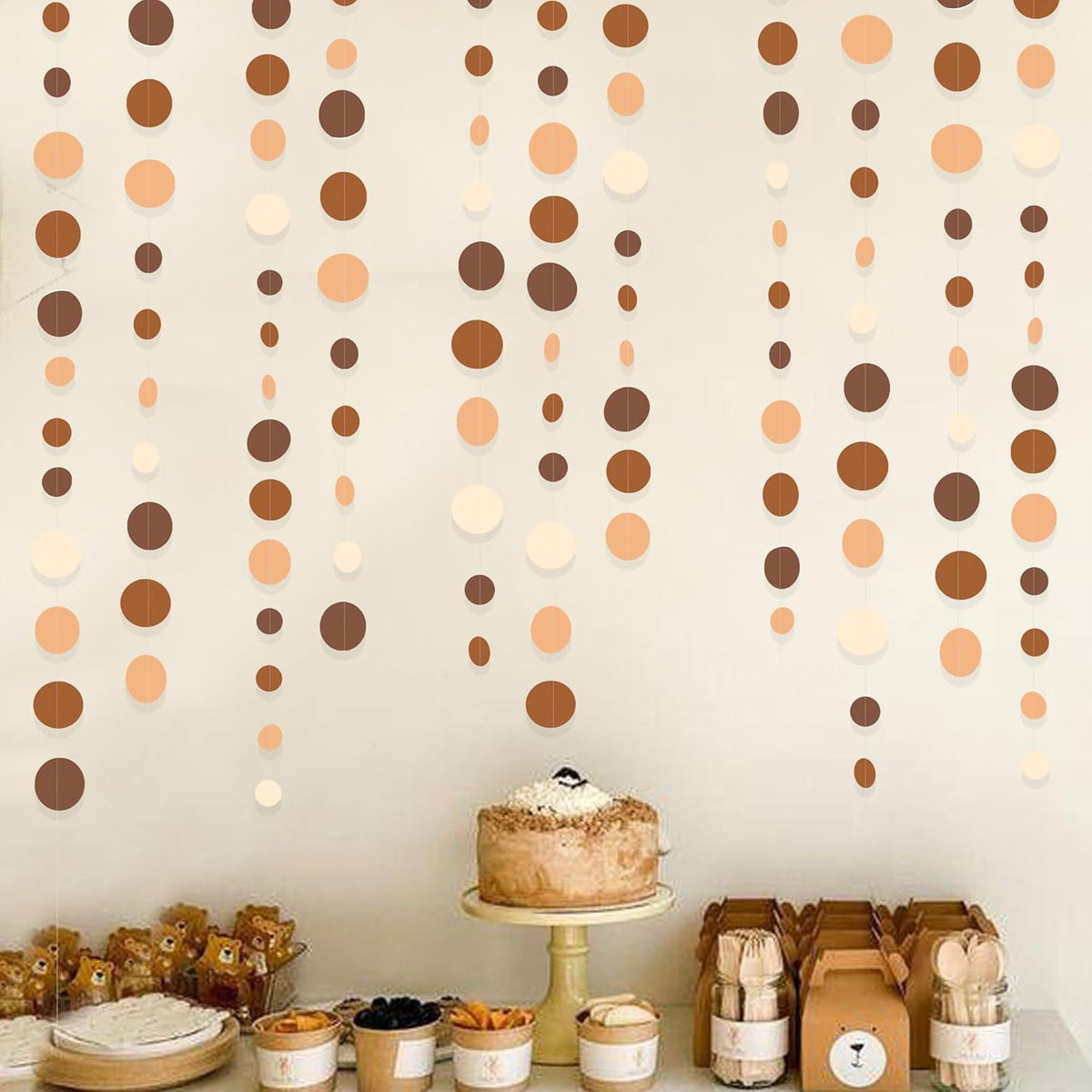 Ombre Brown Party Decorations Polka Dots Garlands Cream Tan Brown Boho Hanging Paper Circle Dots