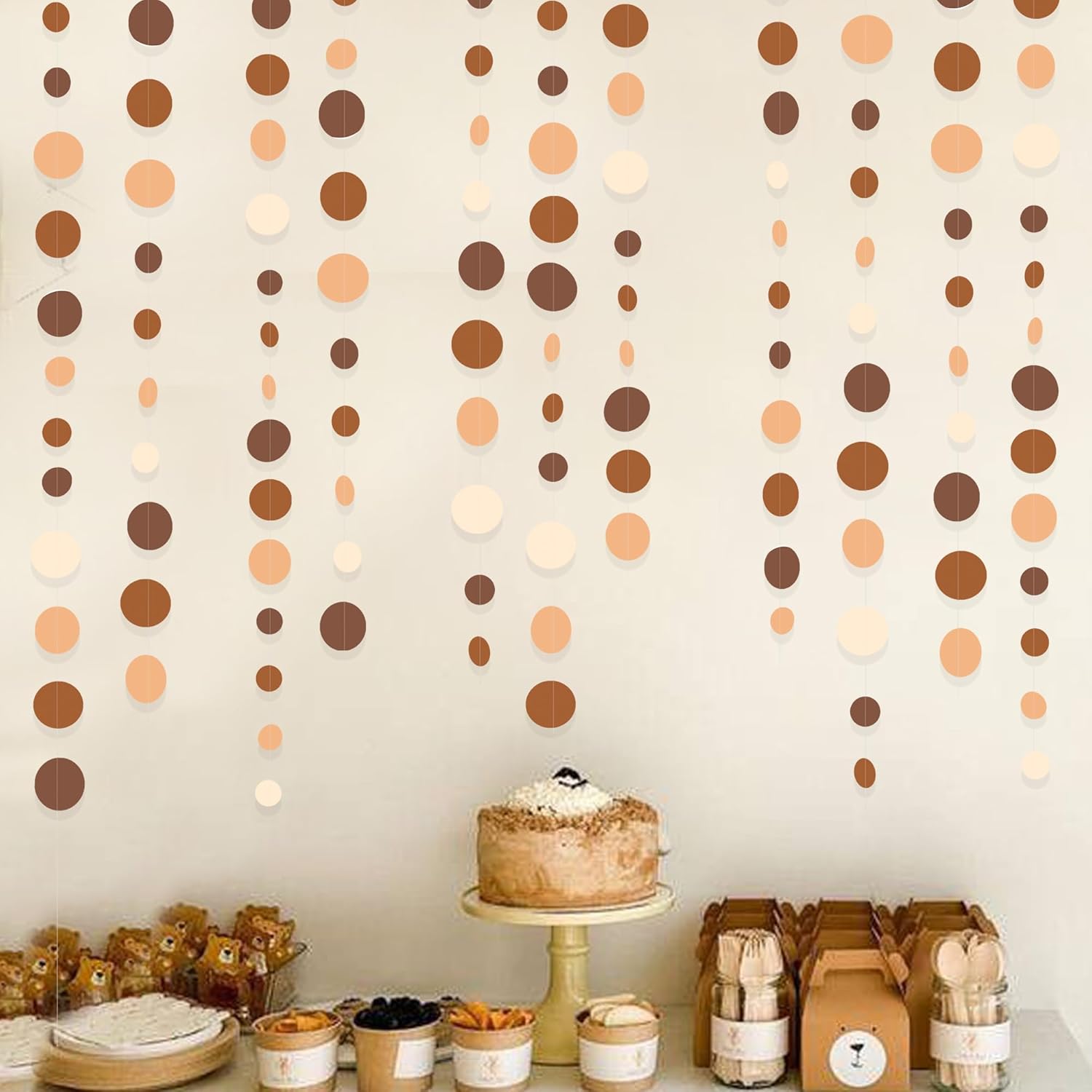 Ombre Brown Party Decorations Polka Dots Garlands Cream Tan Brown Boho Hanging Paper Circle Dots