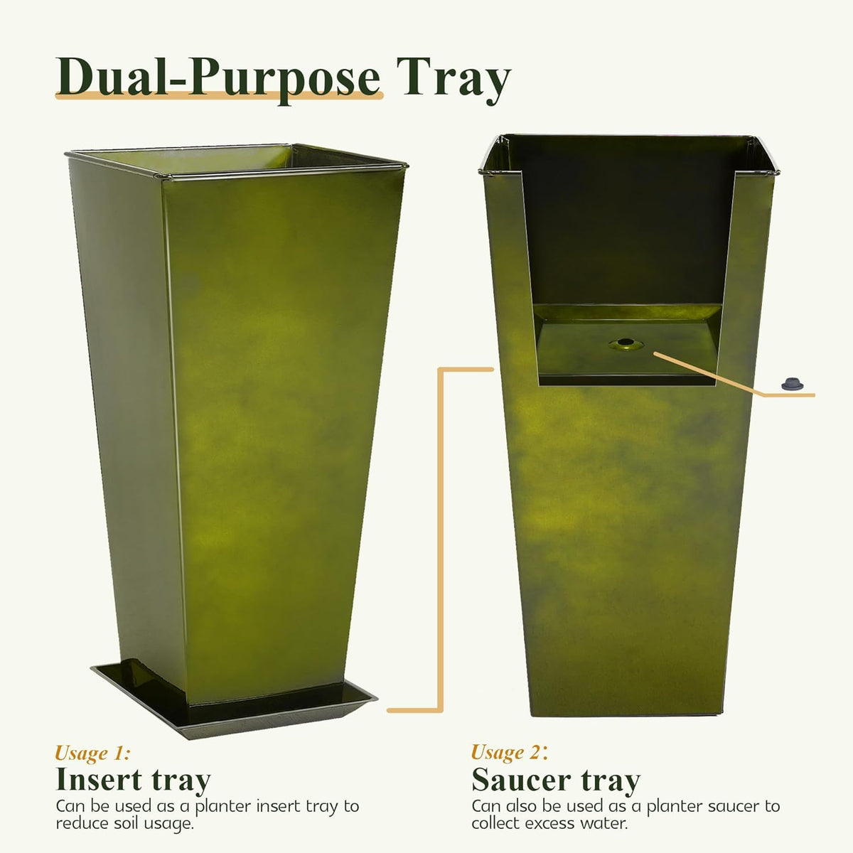 WORTH Garden 28" Large Metal Glazed Planter Set of 2, Luxurious Glossy Finish Green Tall Square