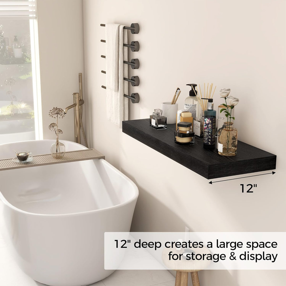 Fun Memories 30 Inch Floating Shelves Black, 12 Inch Deep Floating Shelf for Books, 30 x 12 x 2