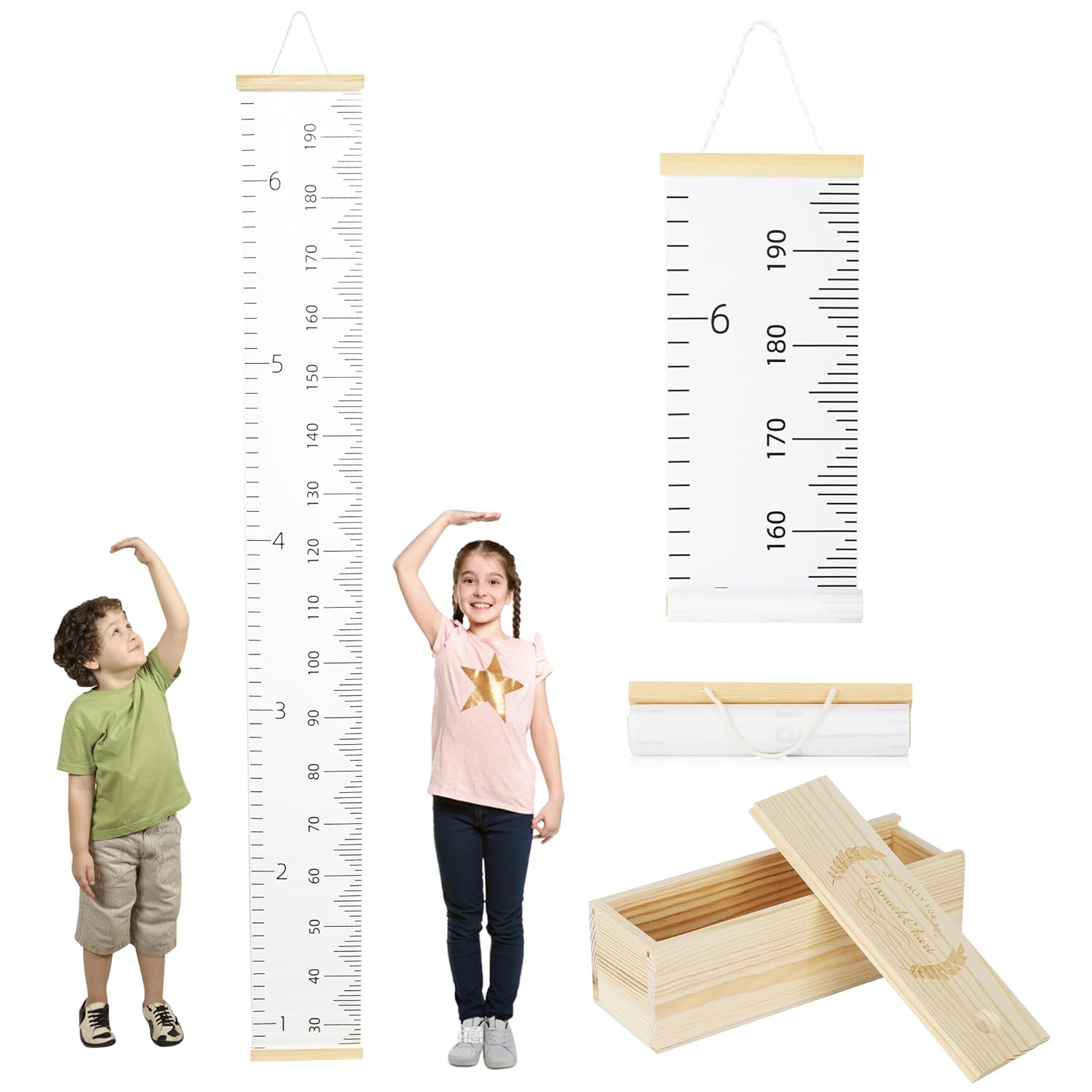 6.5FT Growth Chart for Kids with Wooden Keepsake Box - Children Height Measurement Kit Includes