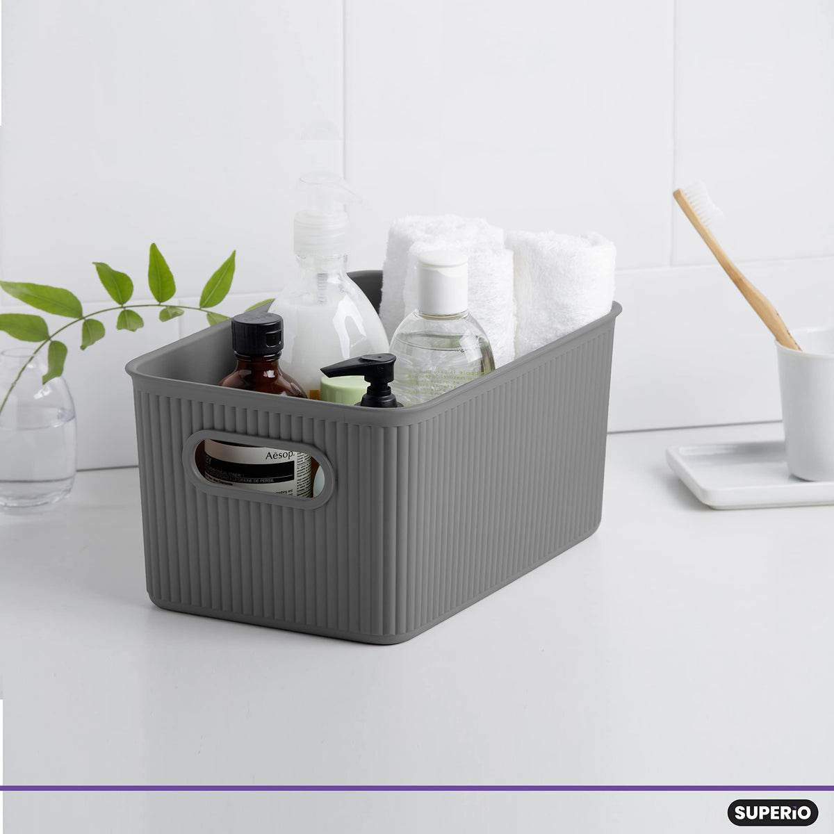 Superio Ribbed Collection - Decorative Plastic Basket Open Home Storage Bins Organizer, Medium Grey