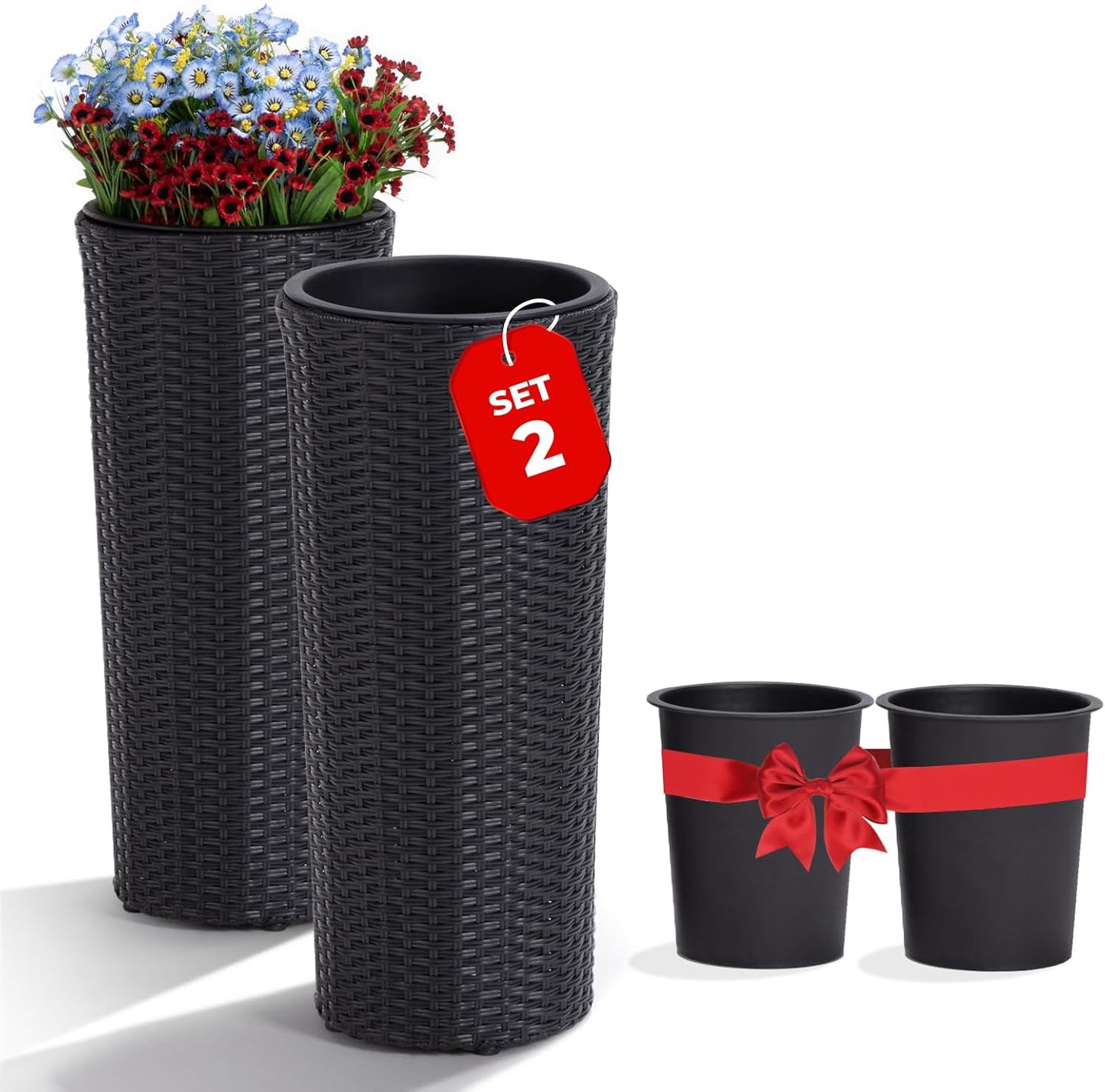 IDZO All Weather Wicker Planters for Outdoor Plants Set of 2, 24 inch Tall Black Planter for Front