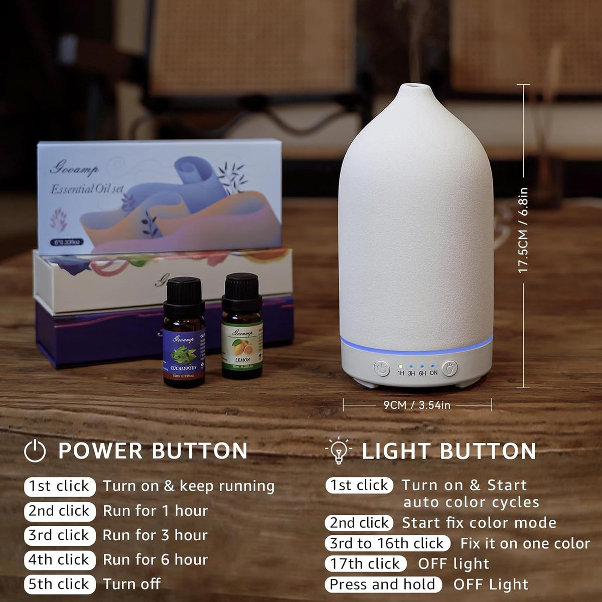 200ML Ceramic Essential Oil Diffuser - Ultrasonic Aromatherapy & Humidifier with 7-Color LED
