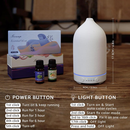 200ML Ceramic Essential Oil Diffuser - Ultrasonic Aromatherapy & Humidifier with 7-Color LED