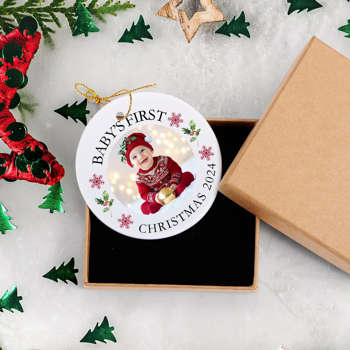 Baby's First Christmas Ornament 2025, Personalized Photo Ornaments for Christmas Tree, Custom Name