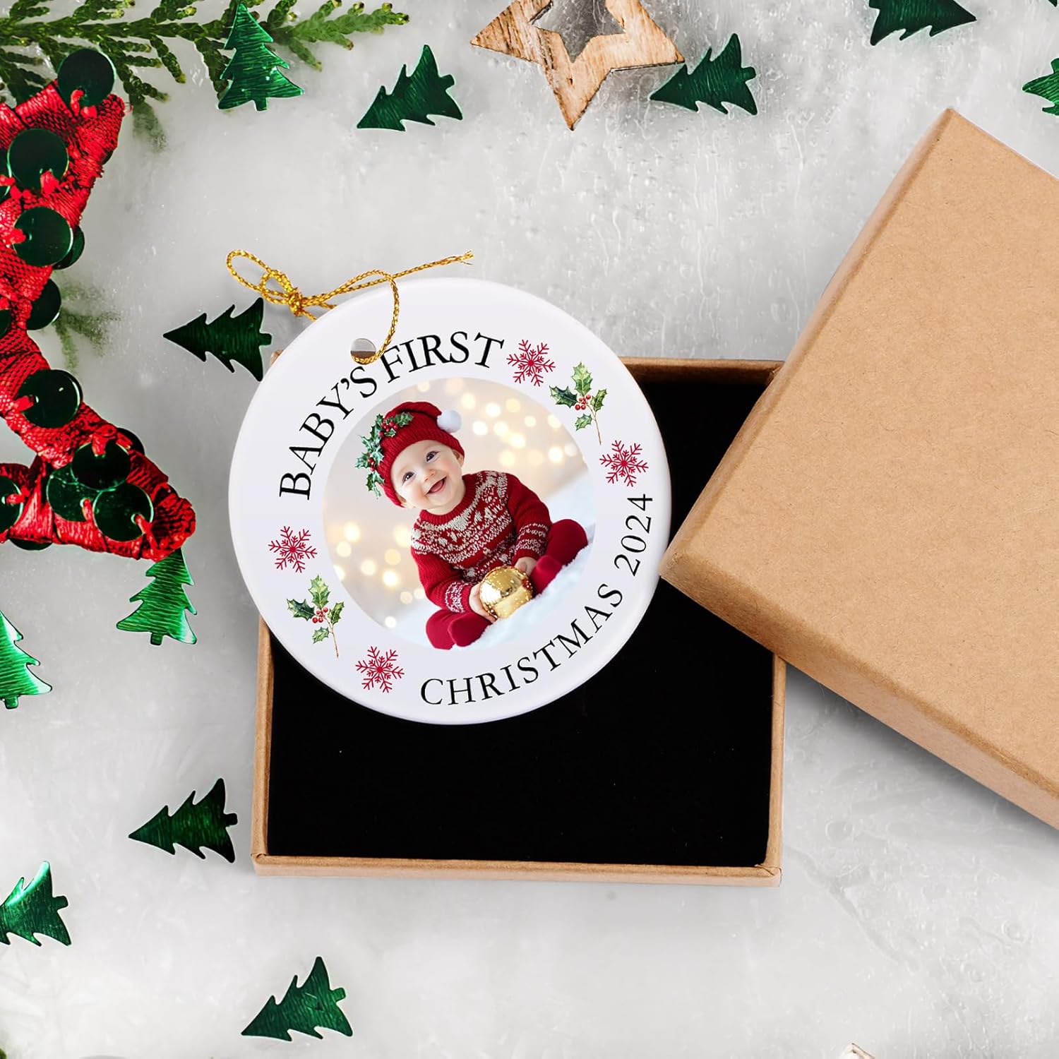 Baby's First Christmas Ornament 2025, Personalized Photo Ornaments for Christmas Tree, Custom Name