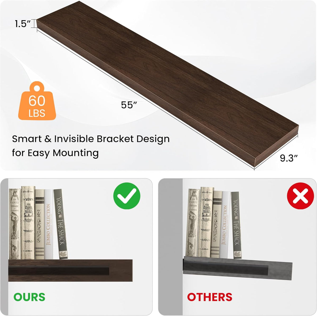 Floating Shelves for Wall, 55"W x 9.3"D x 1.5"H, Long Wooden Wall Mounted Display Shelves with