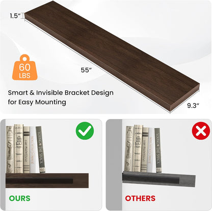 Floating Shelves for Wall, 55"W x 9.3"D x 1.5"H, Long Wooden Wall Mounted Display Shelves with