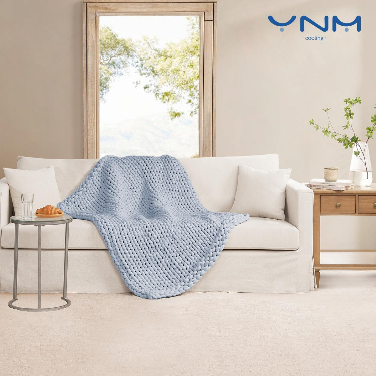 YnM Cooling Chunky Throw Blanket, Medium-Weight, Hand Knitted, Skin Friendly, Ventilated and