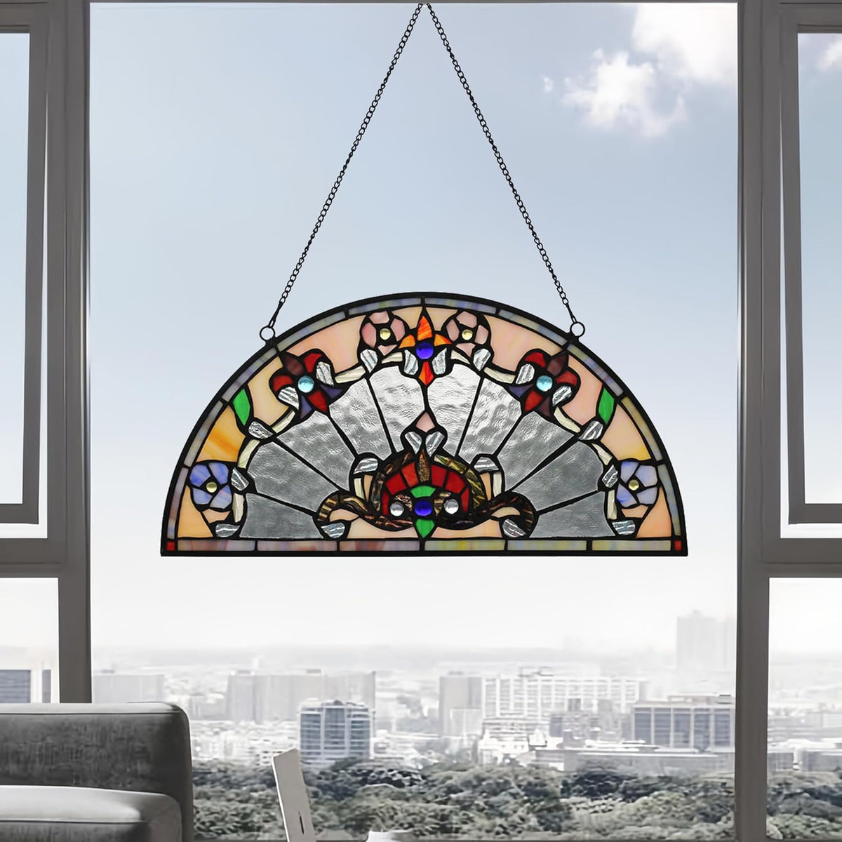 YOURANJU Half Moon Stained Glass Window Hanging Tiffany Style 16" x 8" Half-Round Window Panel