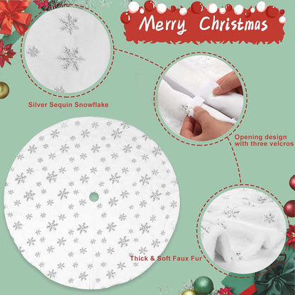 Christmas Tree Skirt, 48 Inch White Luxury Faux Fur & Silver Sequin Snowflakes, 4ft Xmas Tree Skirt