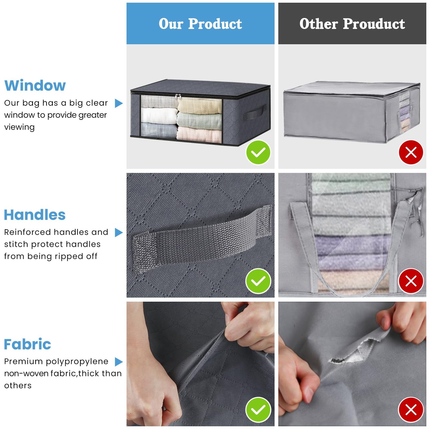 HomeHacks 3-Pack Clothes Organizer Storage Bags, 35L Storage Bins, Gray
