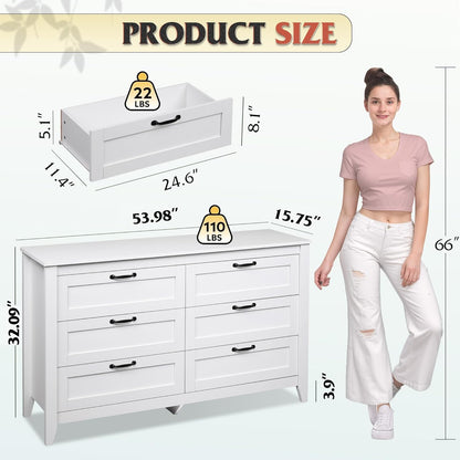 WLIVE White Dresser for Bedroom, 6 Drawer Wood Dresser with Metal Handle, Large Double Wooden Chest