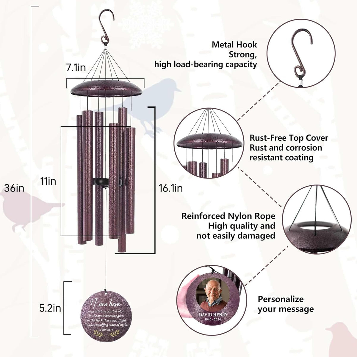 ASTARIN Happy Retirement Gifts Wind Chimes, Personalized 30" Wind Chime for Teacher Coworkers Boss