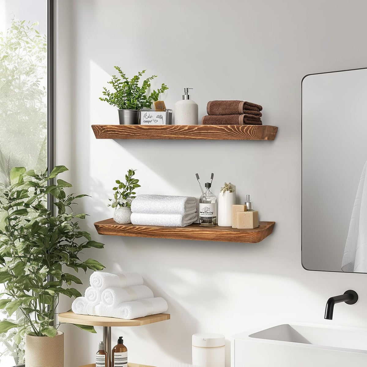 24"x6.8"x1.6" Slanted Floating Wall Shelves 2-Pack - Rustic Brown Finish, Heavy-Duty Solid Wood