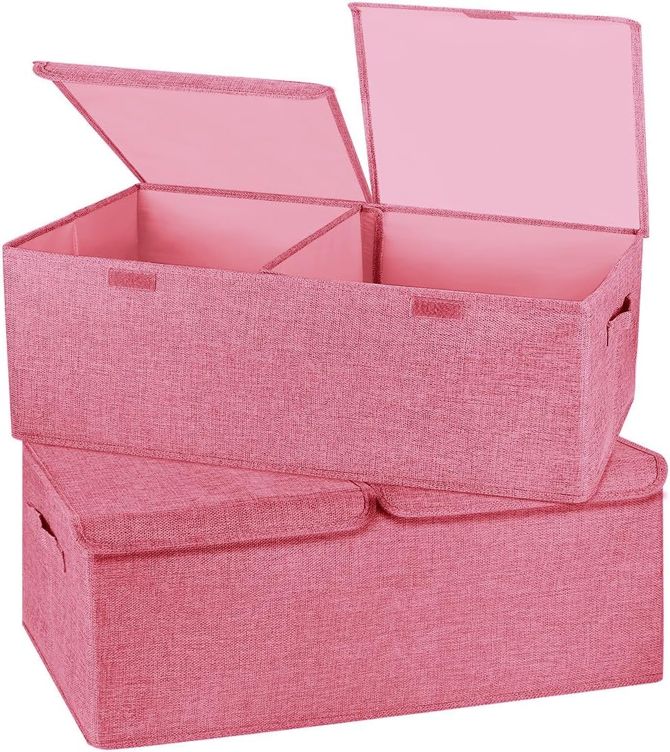 2 Pack Large Storage Boxes with Lids and Handles, Collapsible Linen Storage Bins Organizer