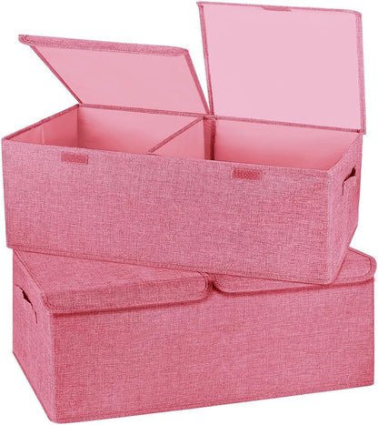 2 Pack Large Storage Boxes with Lids and Handles, Collapsible Linen Storage Bins Organizer