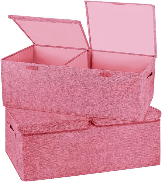 2 Pack Large Storage Boxes with Lids and Handles, Collapsible Linen Storage Bins Organizer