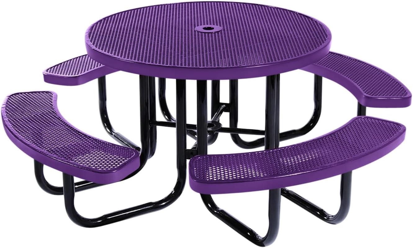 Heavy-Duty Portable Outdoor Picnic Table with Umbrella Hole, Punched Steel Commercial-Grade Patio
