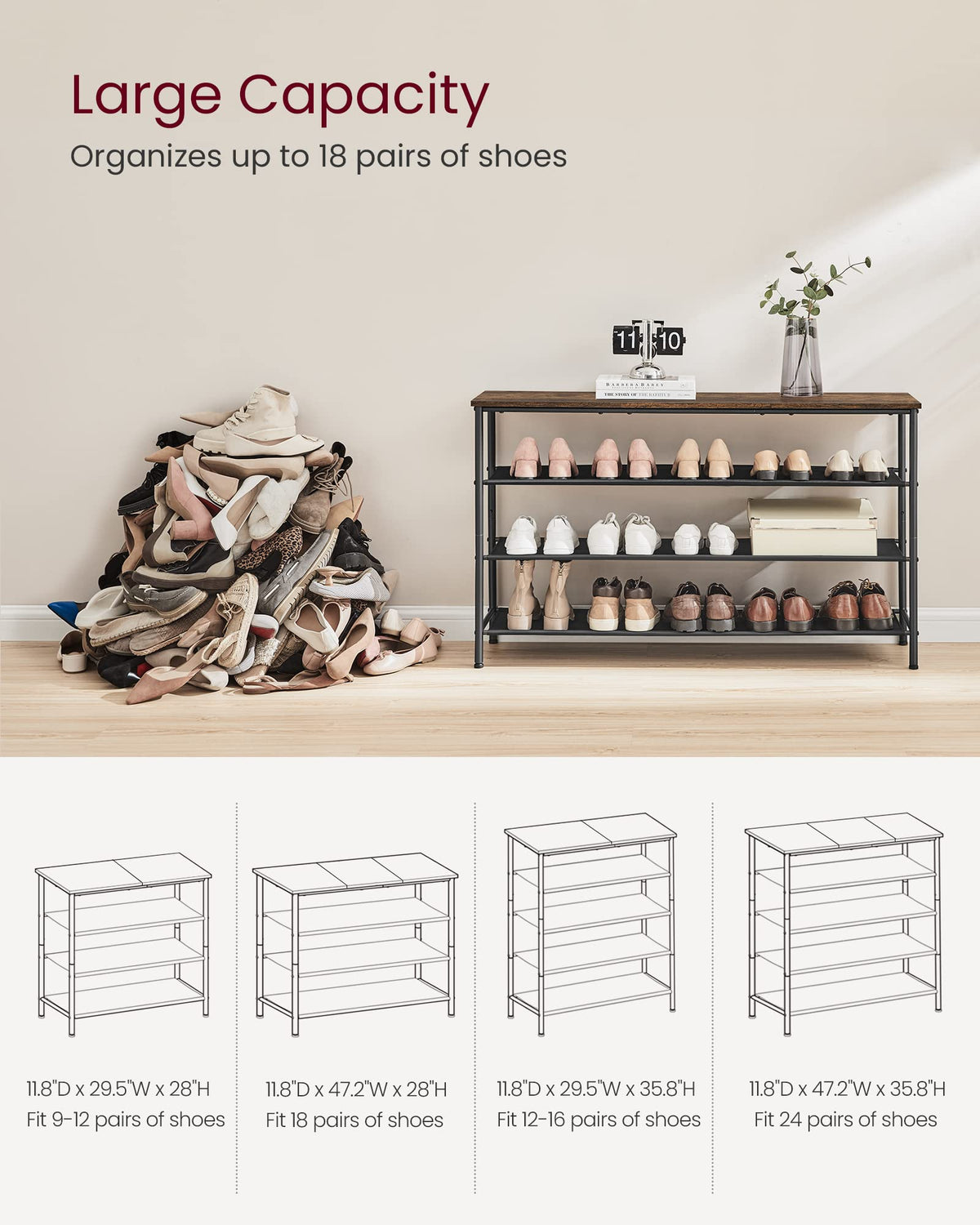 VASAGLE Shoe Rack, 4-Tier Shoe Storage Organizer for Entryway and Closet, Holds 15-18 Pairs of