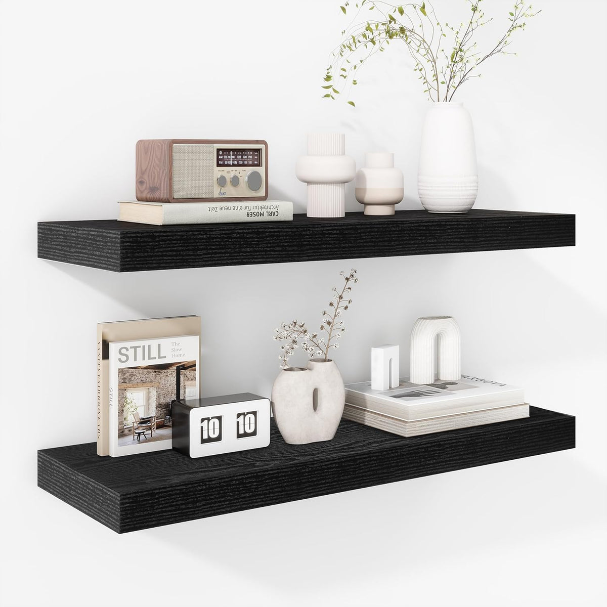 Fun Memories 24 Inch Floating Shelves - Deep Rustic Black Wooden Wall Shelves - Extra Deeper &