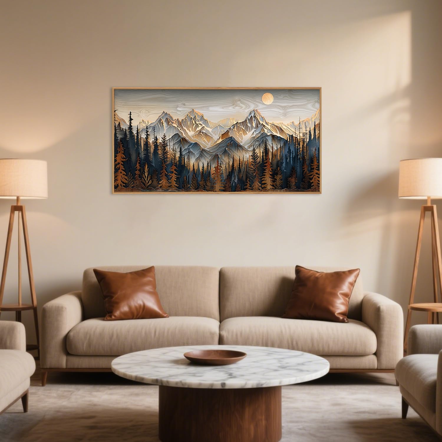Celestdeco Wood Mountain Framed Canvas Wall Art Set, Pine Trees Wall Painting, Ridge Scenery Wall