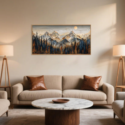 Celestdeco Wood Mountain Framed Canvas Wall Art Set, Pine Trees Wall Painting, Ridge Scenery Wall