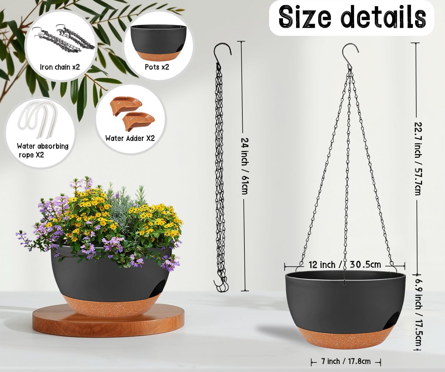 2 Pack 12 Inch Large Hanging Planters with Chains Self Watering Black Brown Plastic Hanging Pots
