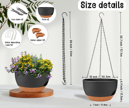 2 Pack 12 Inch Large Hanging Planters with Chains Self Watering Black Brown Plastic Hanging Pots