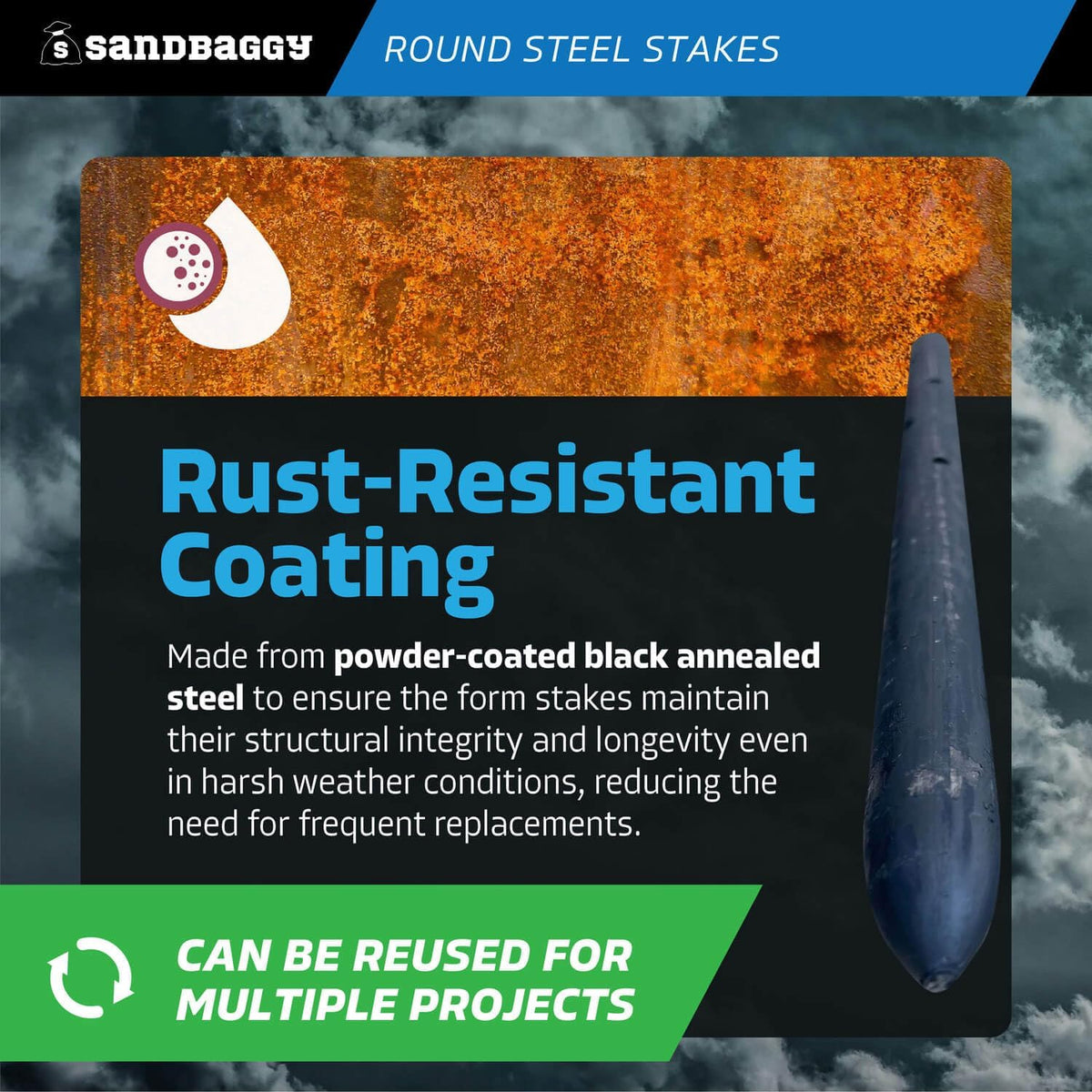 Sandbaggy Round Steel Concrete Form Stakes with Nail Holes - Rust Resistant Coating - Removable