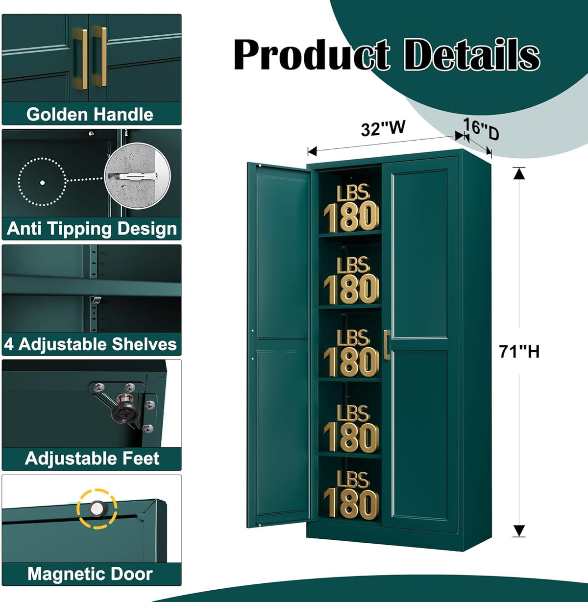 Kitchen Pantry Cabinet,71”Green Metal Pantry Storage Cabinets with Doors and 4 Adjustable