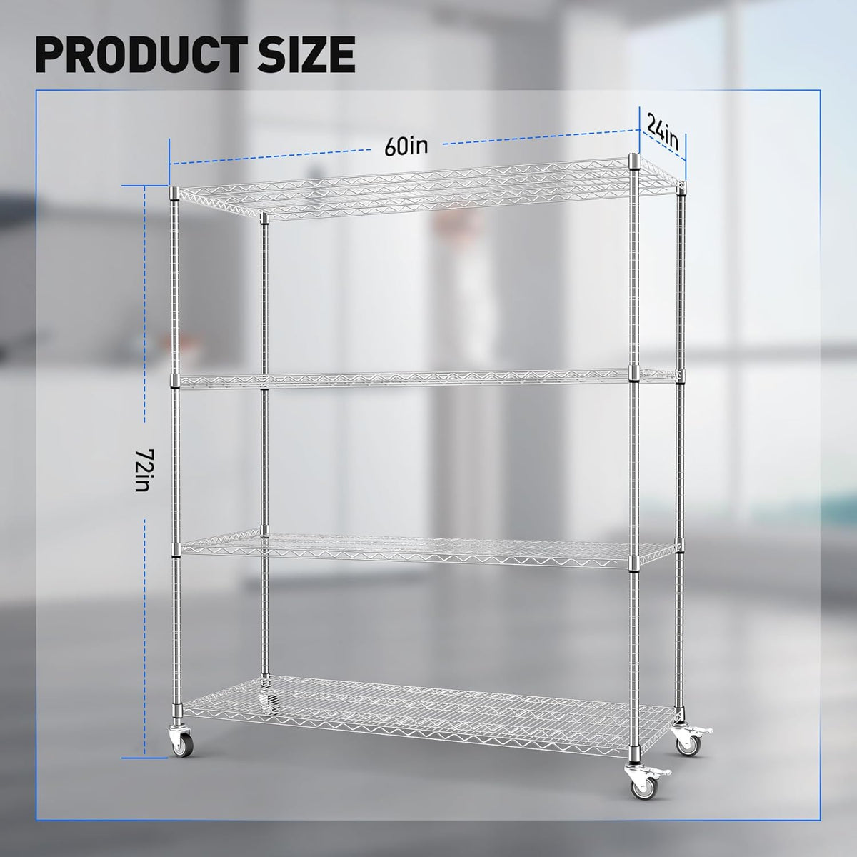 Rengue Wire Shelving with Wheels, 60"x 24"x72" Metal Storage Shelves, 4-Tier Heavy Duty Garage