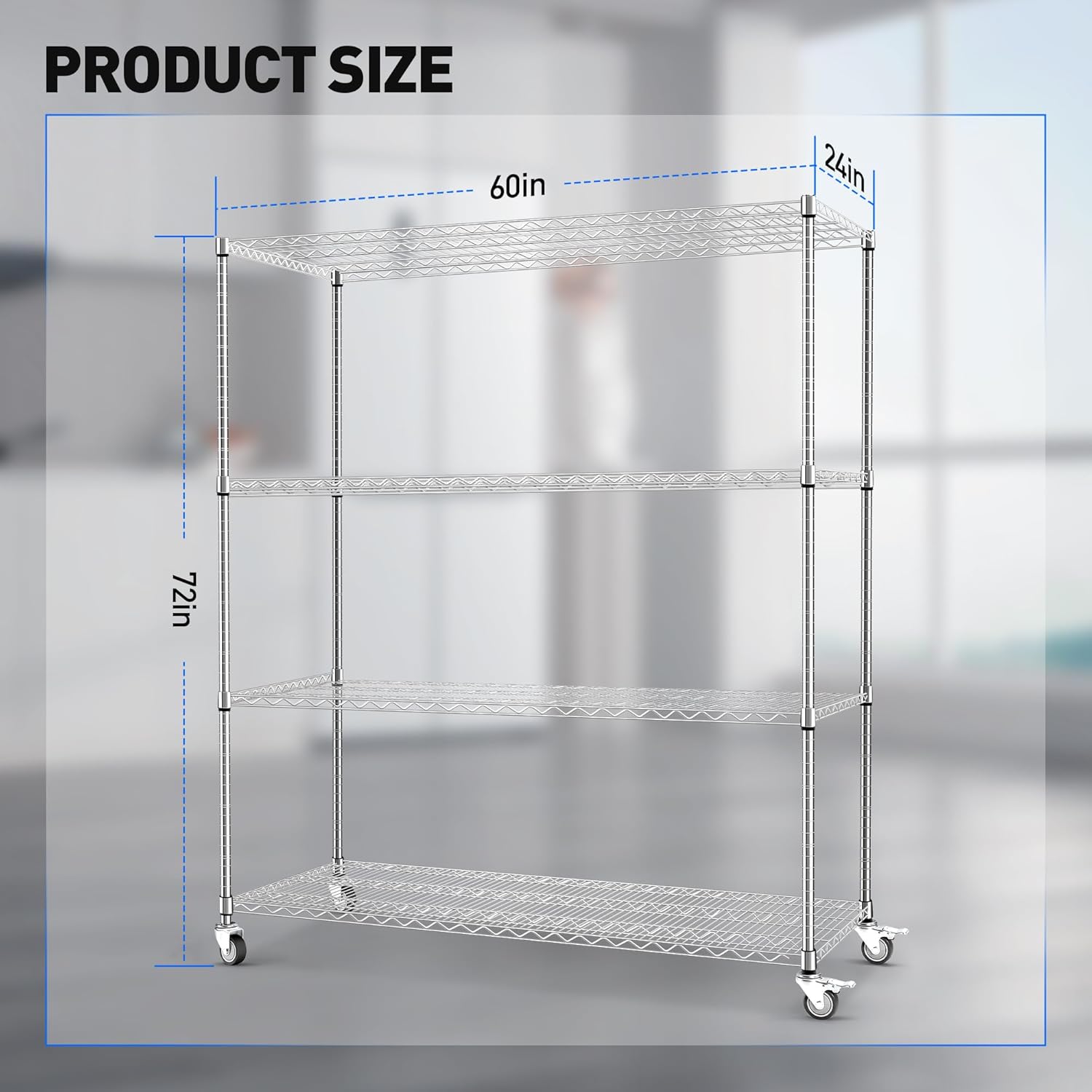 Rengue Wire Shelving with Wheels, 60"x 24"x72" Metal Storage Shelves, 4-Tier Heavy Duty Garage