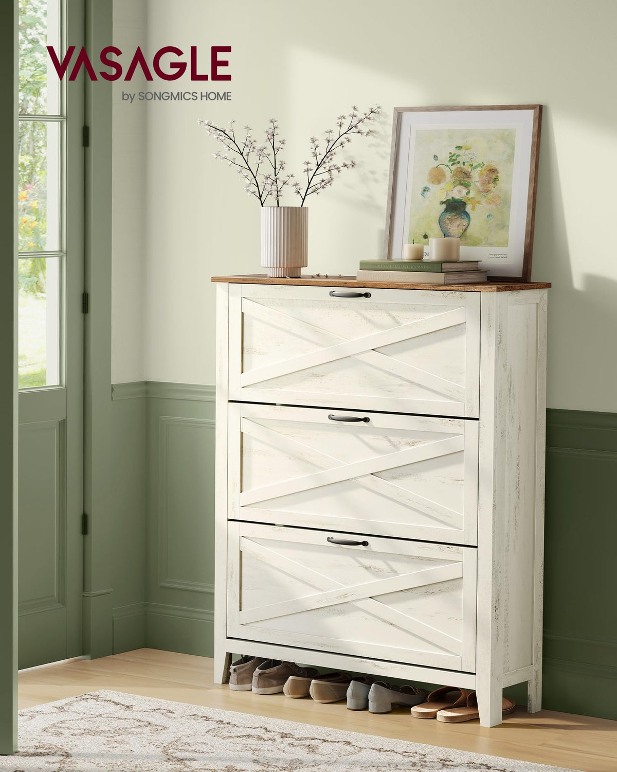 VASAGLE Farmhouse Shoe Cabinet, Narrow Storage Organizer, 3 Flip Drawers