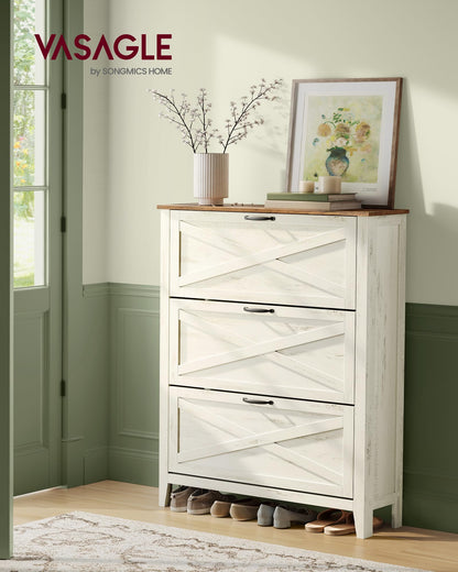 VASAGLE Farmhouse Shoe Cabinet, Narrow Storage Organizer, 3 Flip Drawers