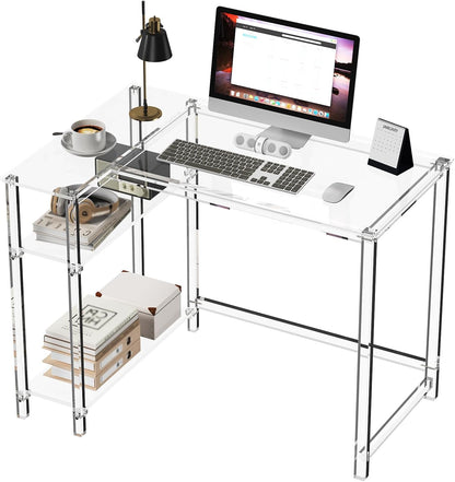 Eglaf Acrylic L-Shaped Desk - Clear Desk with Reversible Storage Shelves - Modern Home Office Desk