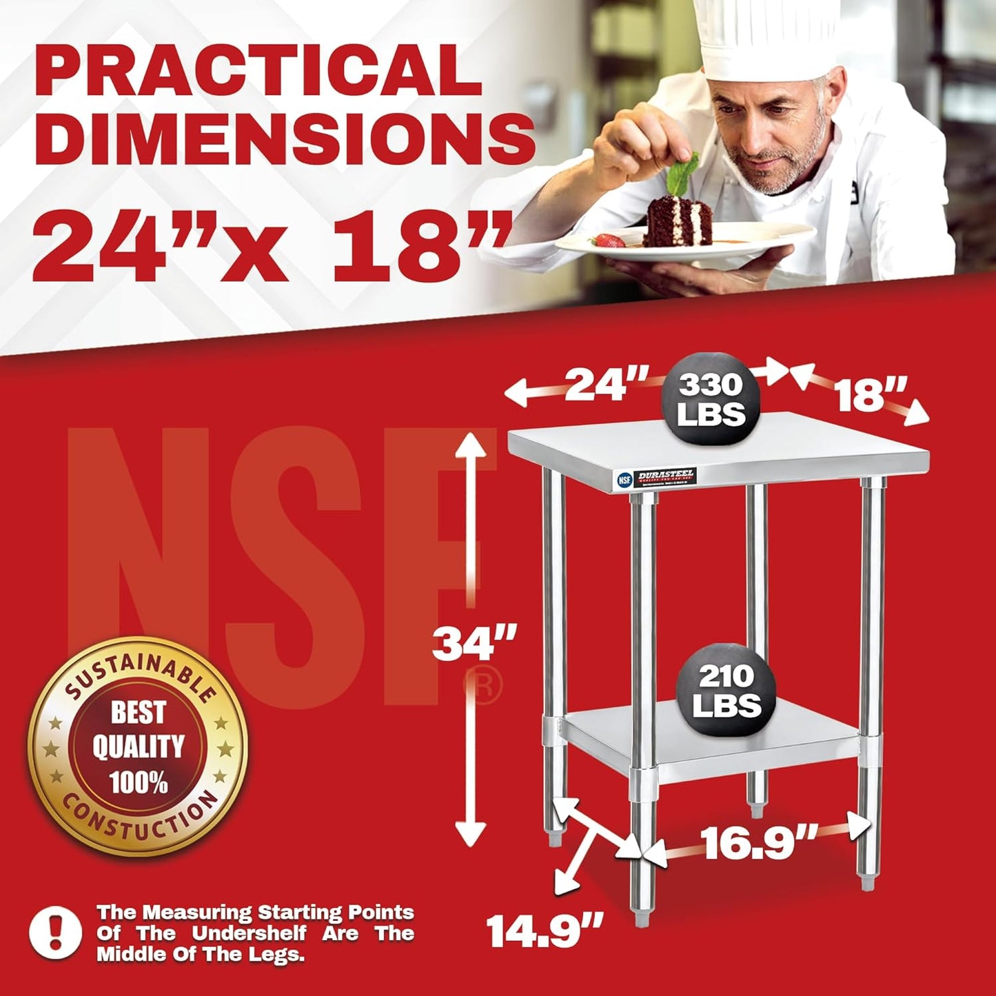 DuraSteel 24x18 Small Stainless Steel Table - NSF Metal Food Prep Commercial Kitchen Workt able