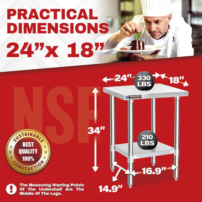 DuraSteel 24x18 Small Stainless Steel Table - NSF Metal Food Prep Commercial Kitchen Workt able