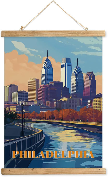 WREVERW Vintage Philadelphia Poster Canvas Print with Wooden Hanger Frame, Featuring Skyline and