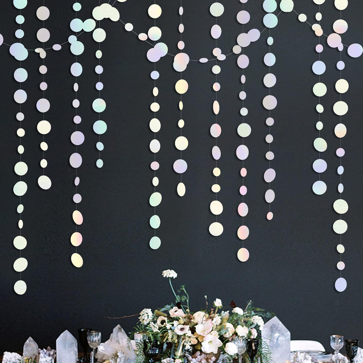 46 Ft White Iridescent Circle Dots Garland Hanging Holographic Polka Dots Streamer for Birthday