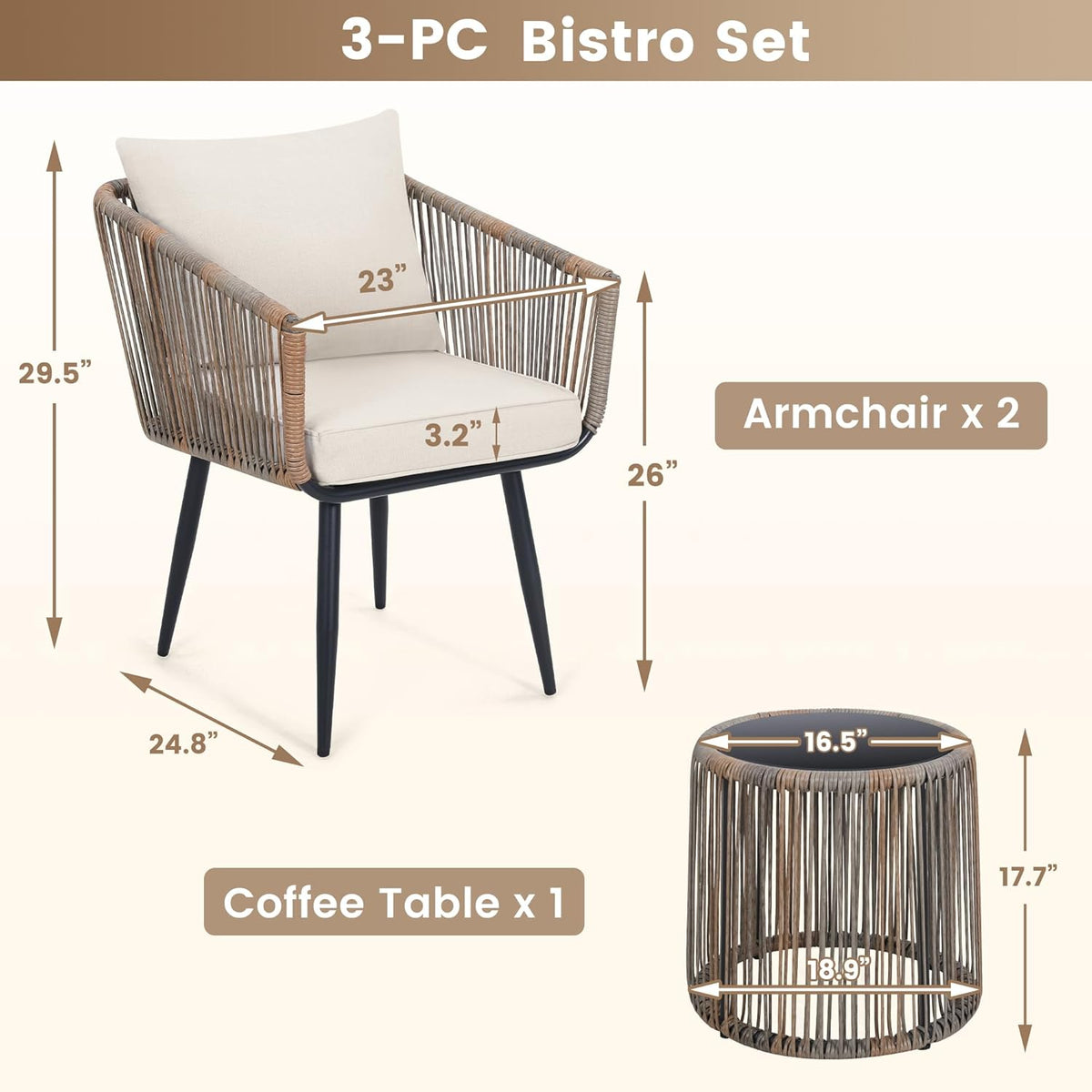 Kromax 3 Pieces Patio Rattan Bistro Conversation Set, Outdoor All-Weather Wicker Furniture Chairs