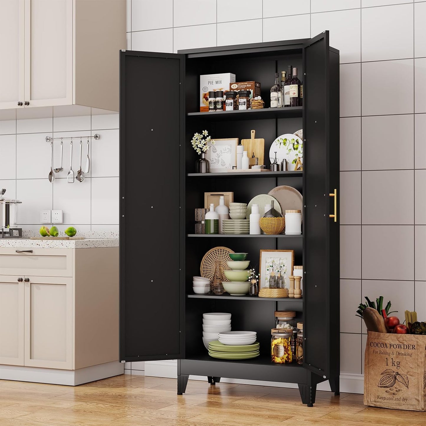 71" H Metal Kitchen Pantry Storage Cabinet, Freestanding Cupboard with 2 Doors and 4 Adjustable