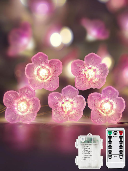Cherry Blossom Flower String Lights for Bedroom, Pink Fairy Lights Battery Operated with Remote & 8