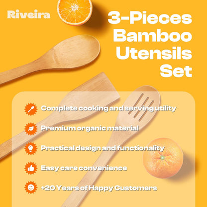 Riveira Bamboo Wooden Spoons for Cooking 3-Piece, Apartment Essentials Wood Spatula Spoon Nonstick