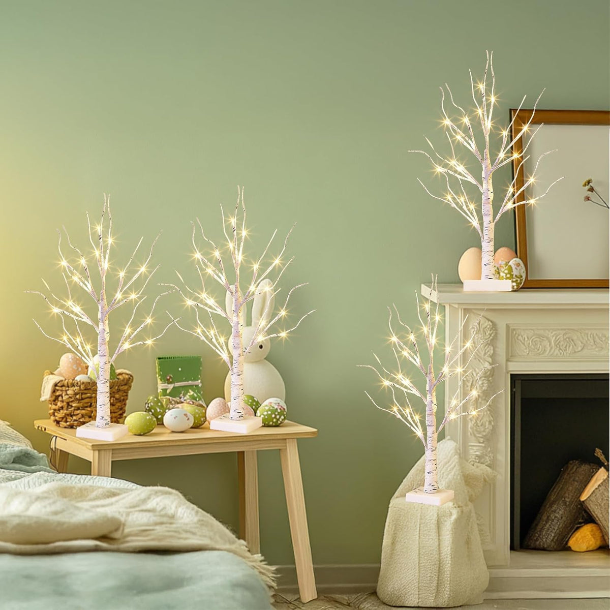 EAMBRITE Home Decorations Light Up White Birch Tree Indoor Christmas Decor, 4 Pack Battery