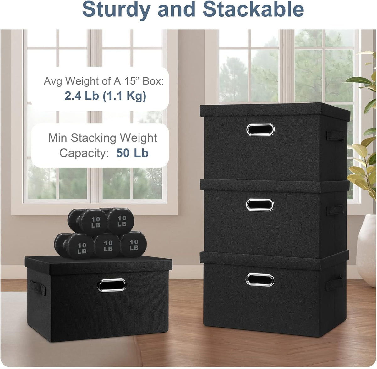 Medium 15" 21 Quart Collapsible Stackable Storage Bins with Lids, 3 Packs Black Foldable Fabric