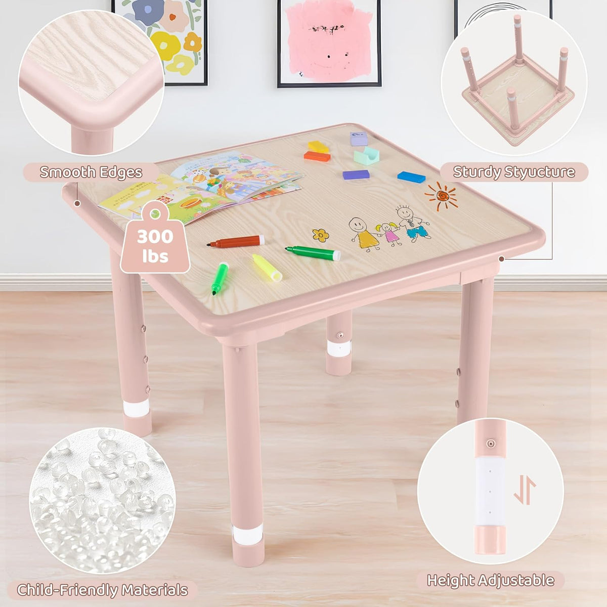 Kids Table and 2 Chairs Set, Height Adjustable (17.7"-26.1") Toddler Table and Chair Set