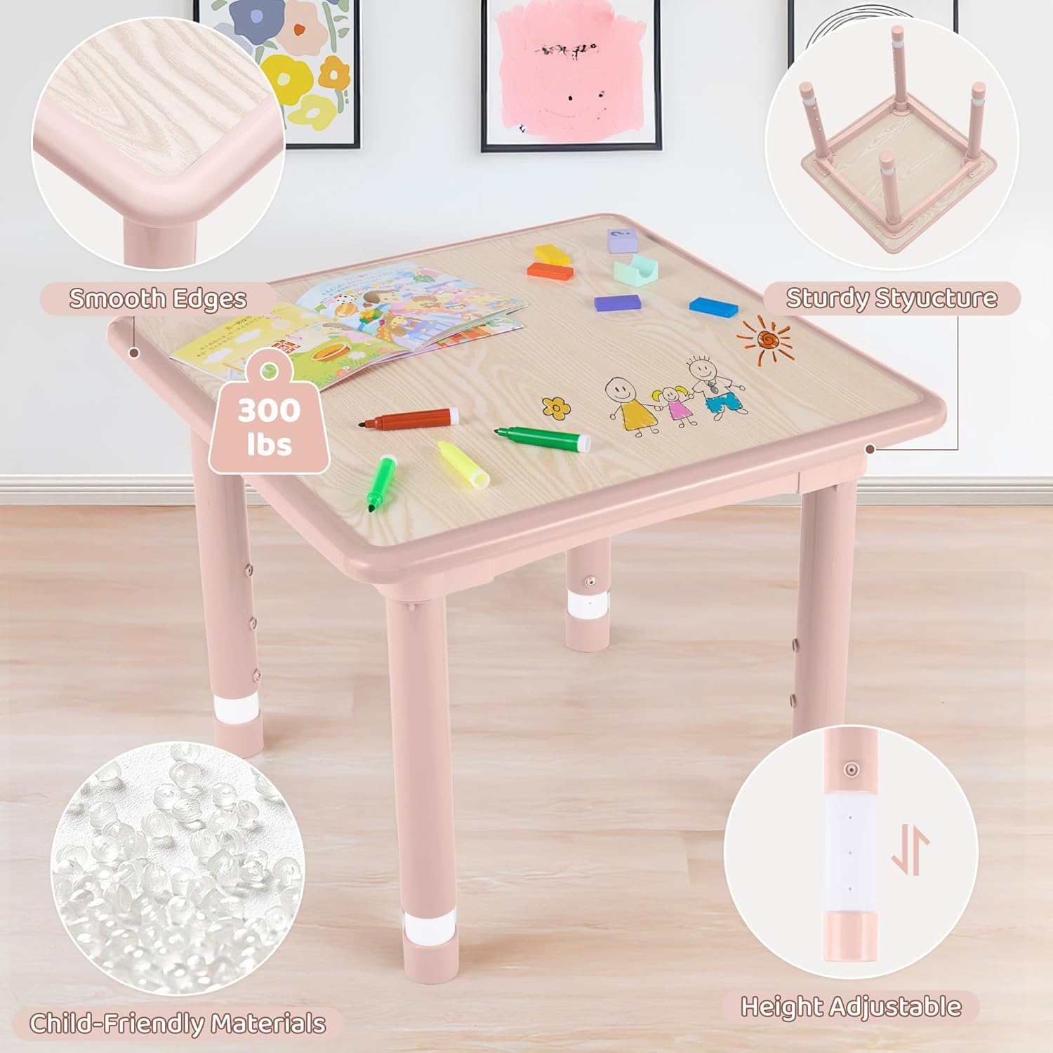 Kids Table and 2 Chairs Set, Height Adjustable (17.7"-26.1") Toddler Table and Chair Set