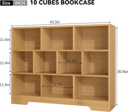 Book Shelf, 10 Cubes Storage Organizer, 3-Tier Open Shelf Wooden Bookcase, Freestanding Log